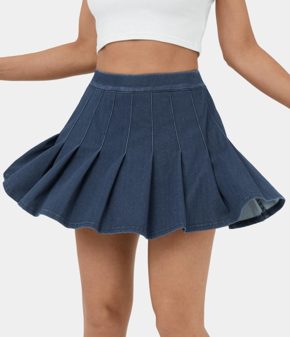 High Waisted 2-in-1 Side Pocket Cool Touch Breathable Washed Stretchy Knit Denim Mini Casual Pleated Skirt  | Womens  Denim Shorts Clothing Denim Shorts