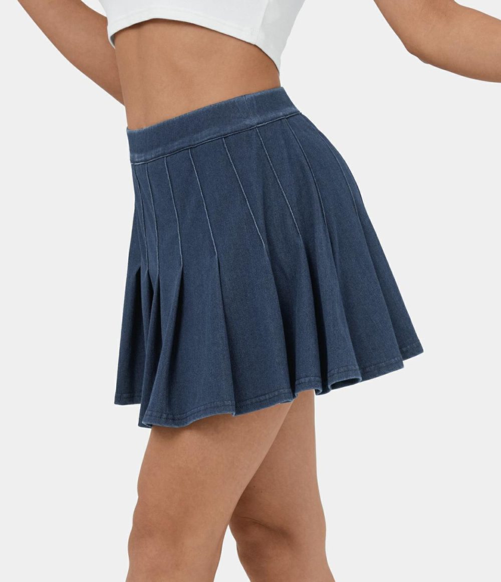 High Waisted 2-in-1 Side Pocket Cool Touch Breathable Washed Stretchy Knit Denim Mini Casual Pleated Skirt  | Womens  Denim Shorts Clothing Denim Shorts