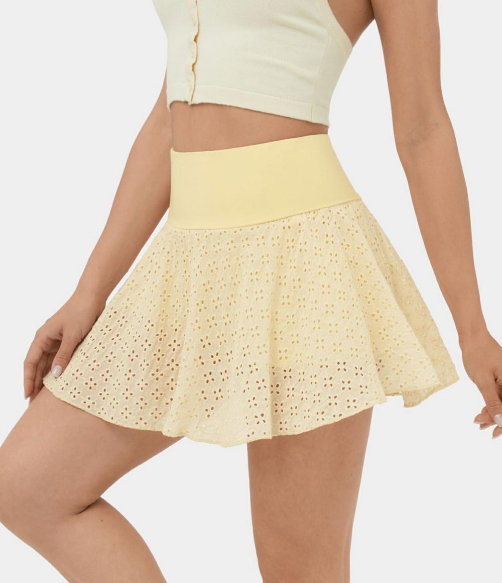 High Waisted 2-in-1 Side Pocket Cut Out Jacquard Mini Flare Casual Skirt  | Womens  2-in-1 Skorts Clothing 2-in-1 Skorts