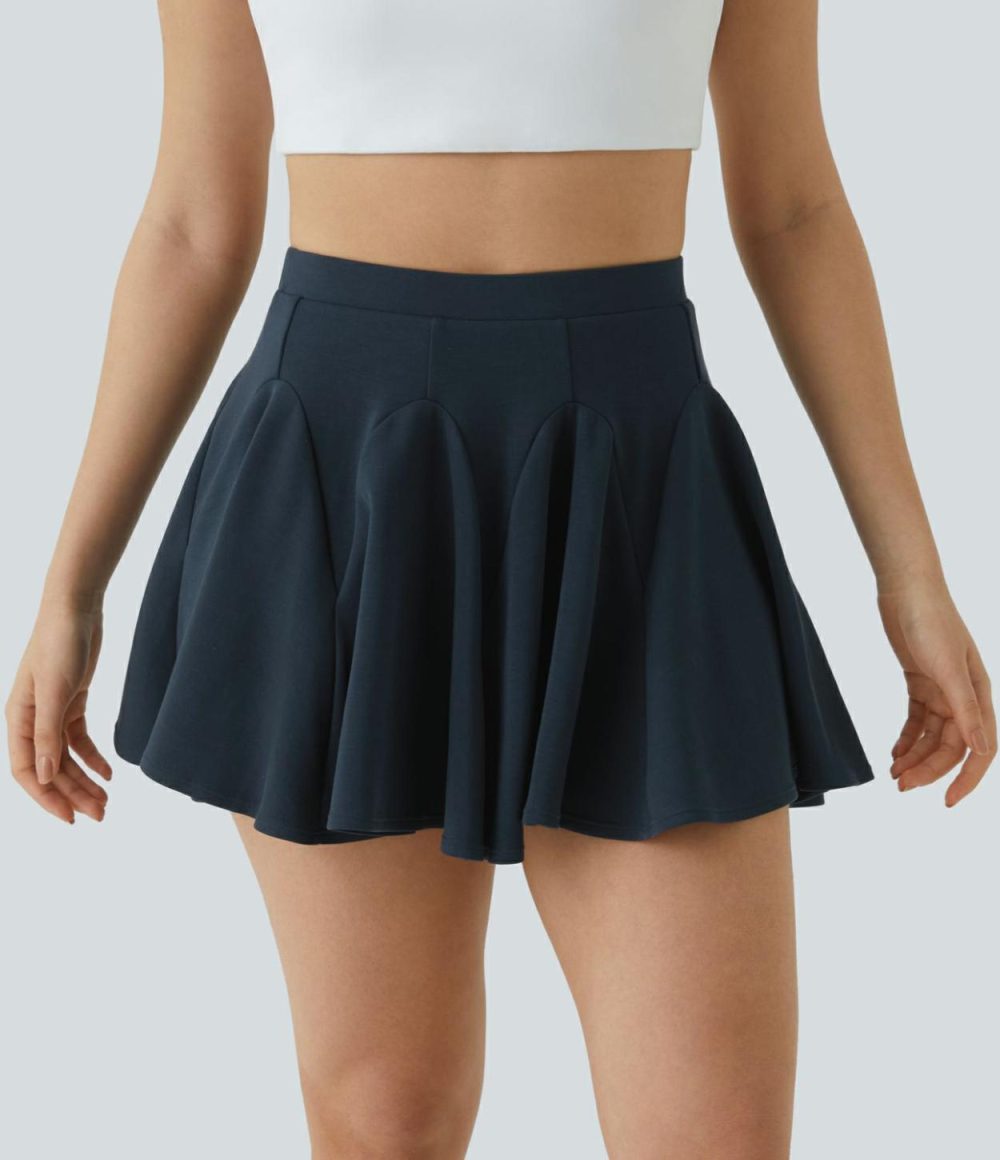 High Waisted 2-in-1 Side Pocket Flare Mini Tennis Skirt  | Womens  Mini Skirts Clothing Blue Nights/Black