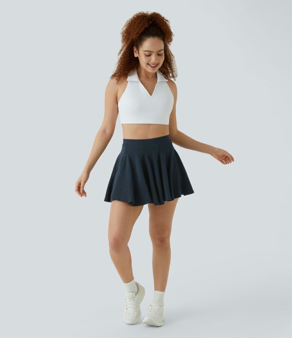 High Waisted 2-in-1 Side Pocket Flare Mini Tennis Skirt  | Womens  Mini Skirts Clothing Blue Nights/Black