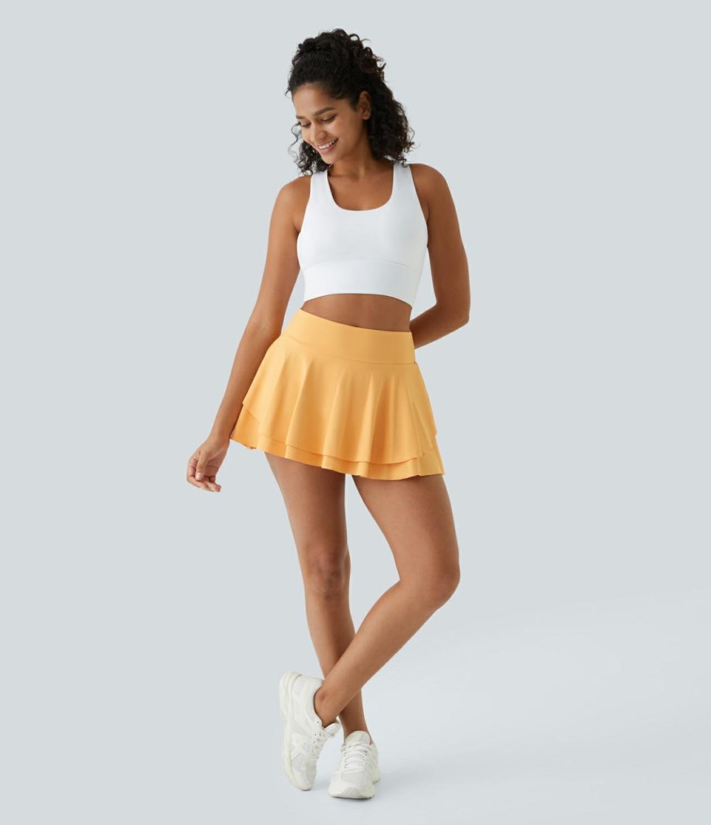 High Waisted 2-in-1 Side Pocket Flare Mini Tennis Skirt  | Womens  Mini Skirts Clothing Mini Skirts