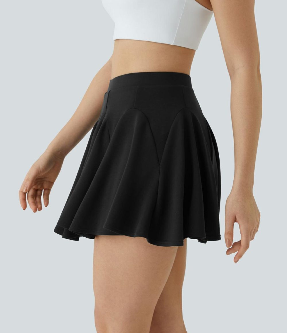 High Waisted 2-in-1 Side Pocket Flare Mini Tennis Skirt  | Womens  Mini Skirts Clothing Blue Nights/Black