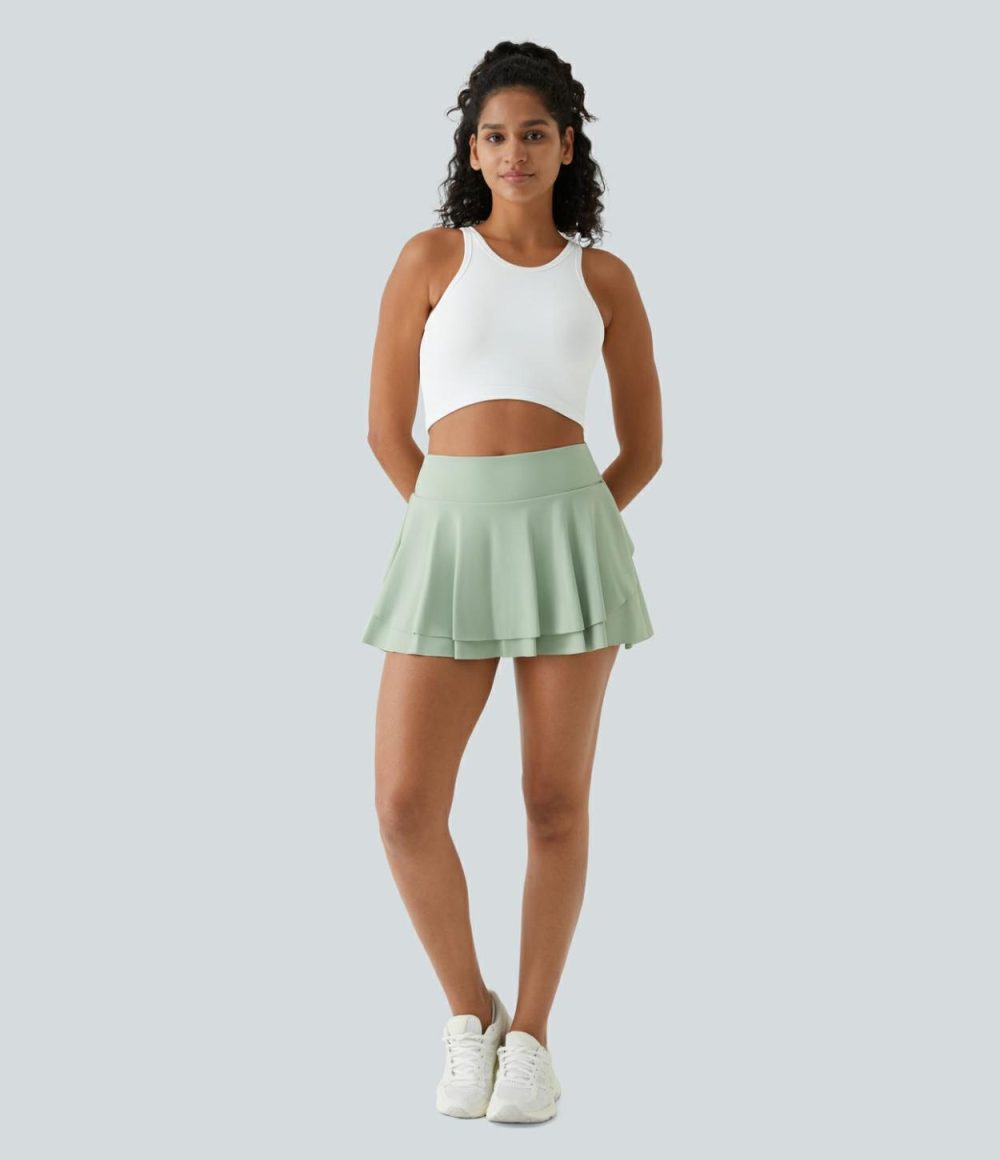 High Waisted 2-in-1 Side Pocket Flare Mini Tennis Skirt  | Womens  Mini Skirts Clothing Mini Skirts