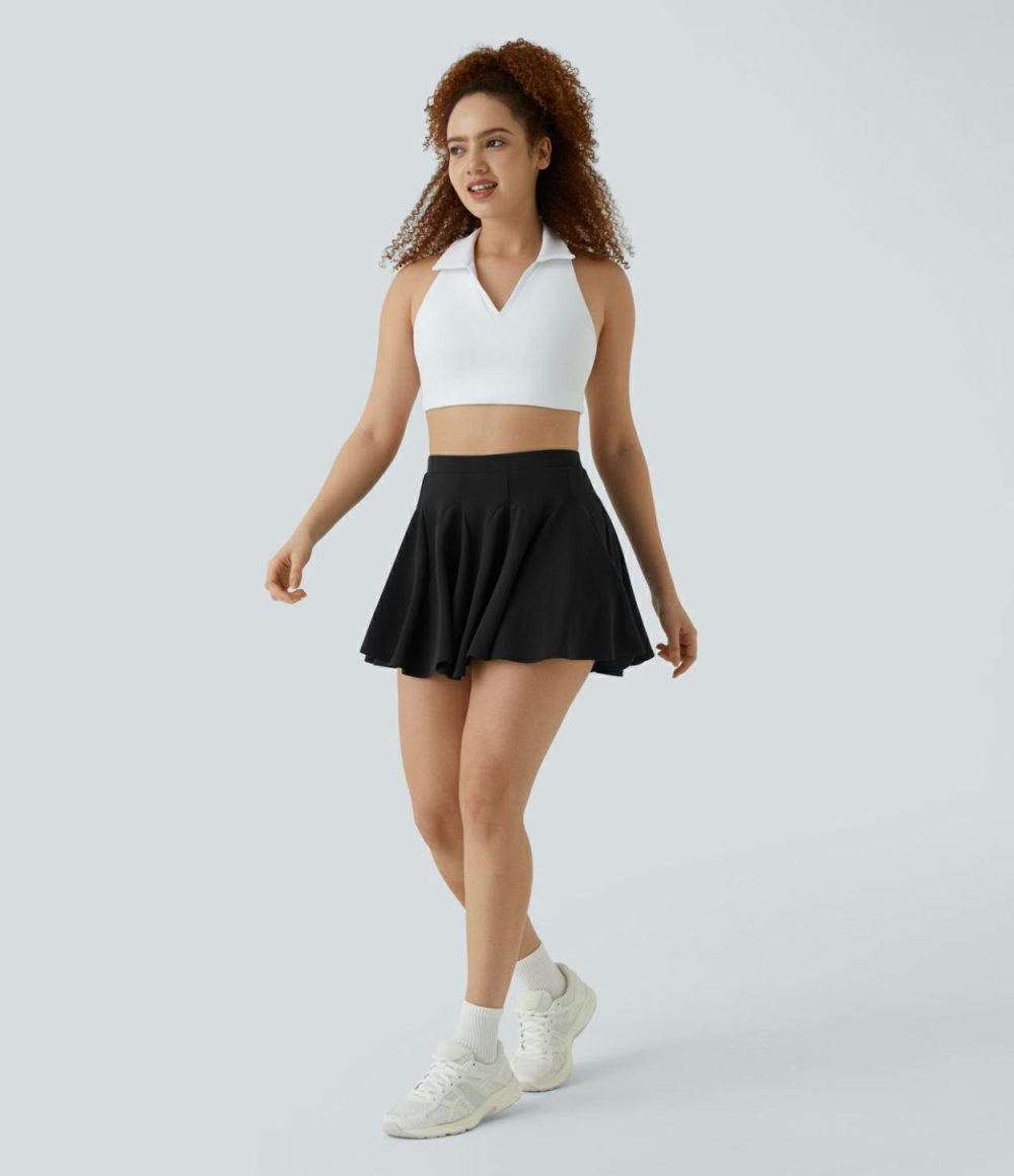 High Waisted 2-in-1 Side Pocket Flare Mini Tennis Skirt  | Womens  Mini Skirts Clothing Blue Nights/Black