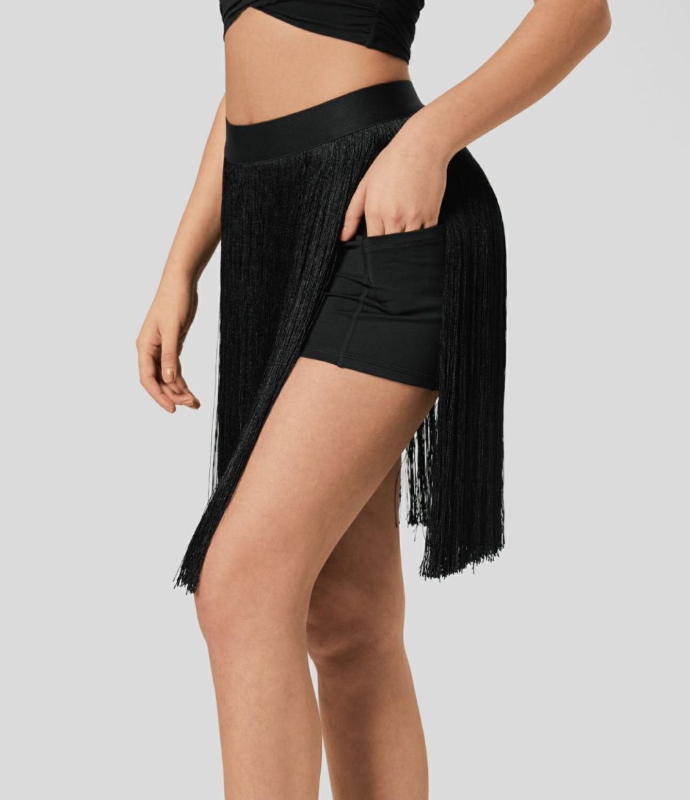 High Waisted 2-in-1 Side Pocket Fringe Midi Resort Skirt  | Womens  2-in-1 Skorts 2-in-1 Skorts 2-in-1 Skorts