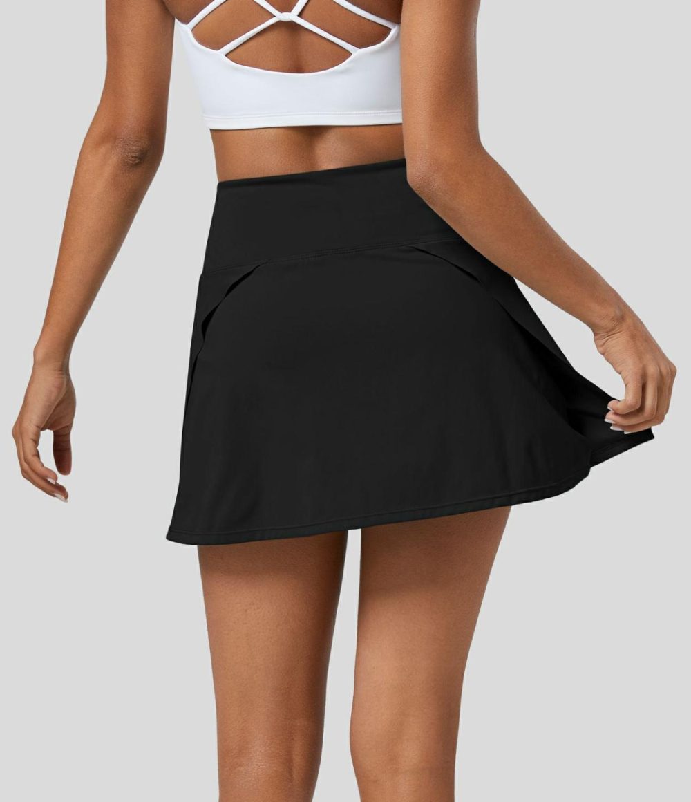 High Waisted 2-in-1 Side Pocket Mini Tennis Skirt  | Womens  Mini Skirts Clothing Aqua Haze/Black