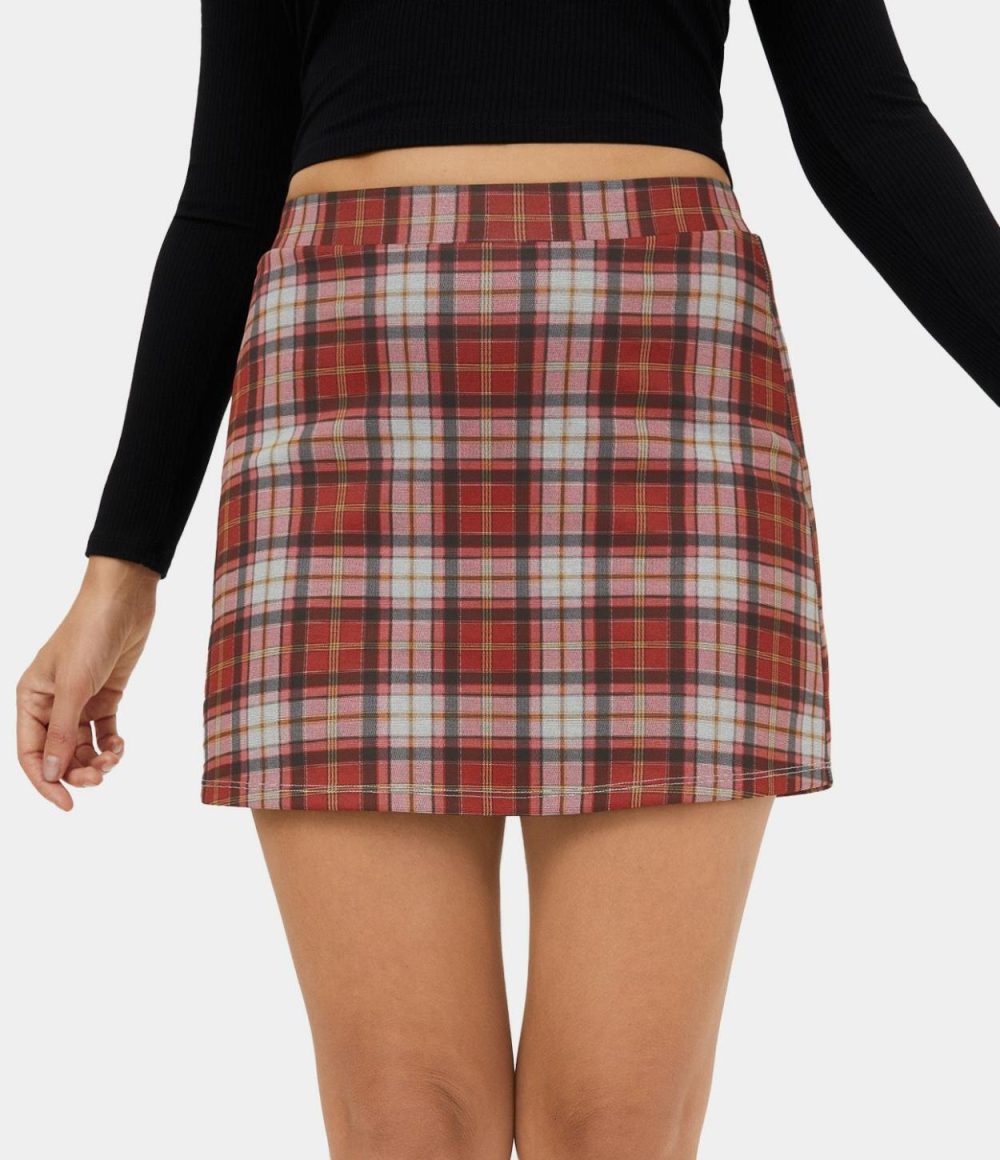 High Waisted 2-in-1 Side Pocket Plaid A Line Mini Casual Skirt  | Womens  Mini Skirts Clothing Mini Skirts