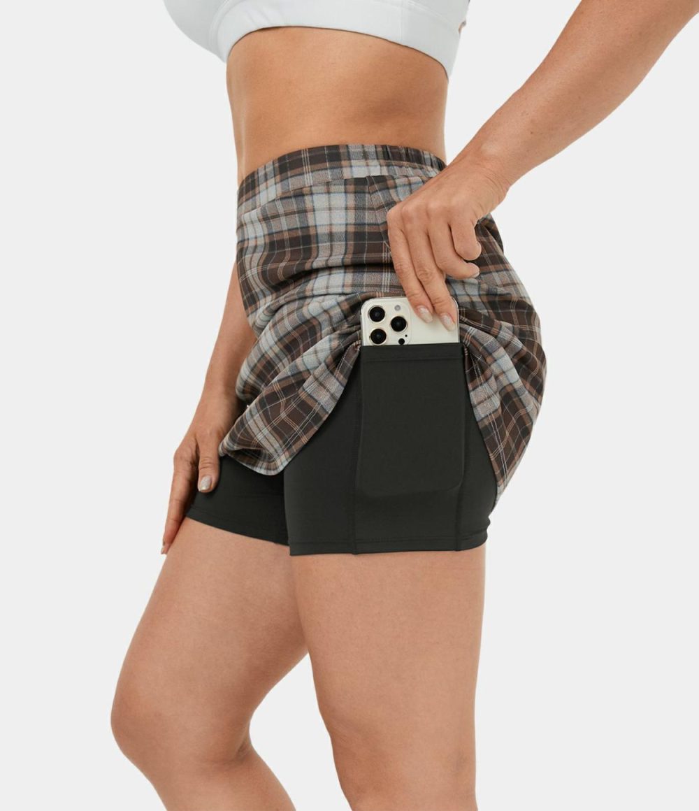 High Waisted 2-in-1 Side Pocket Plaid A Line Mini Casual Skirt  | Womens  Mini Skirts Clothing Mini Skirts