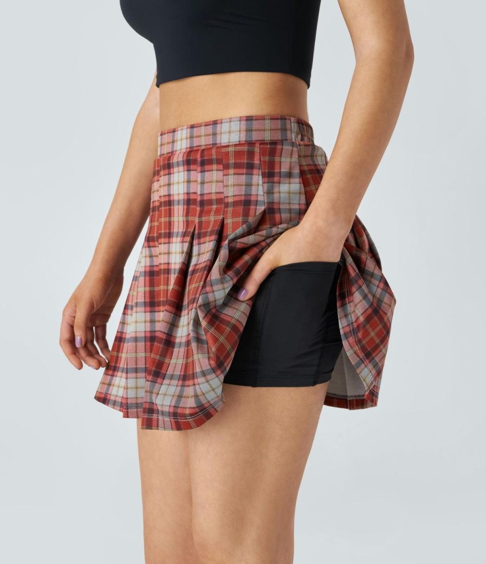 High Waisted 2-in-1 Side Pocket Plaid Pleated Mini Casual Skirt  | Womens  Mini Skirts Clothing Brick Red Plaid/Navy Blue Plaid/Dark Green Plaid/Brown Plaid/Black Plaid