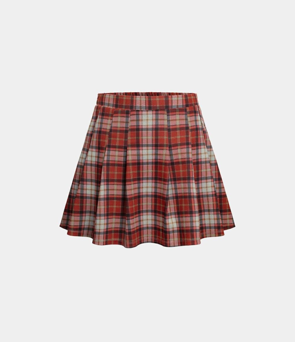 High Waisted 2-in-1 Side Pocket Plaid Pleated Mini Casual Skirt  | Womens  Mini Skirts Clothing Brick Red Plaid/Dark Green Plaid/Navy Blue Plaid/Brown Plaid/Black Plaid