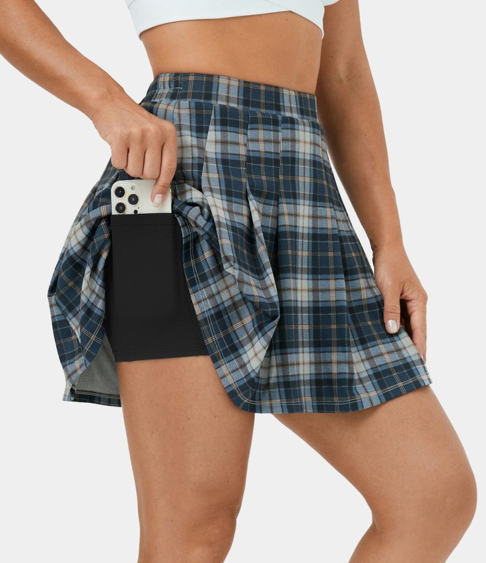 High Waisted 2-in-1 Side Pocket Plaid Pleated Mini Casual Skirt  | Womens  Mini Skirts Clothing Brick Red Plaid/Navy Blue Plaid/Dark Green Plaid/Brown Plaid/Black Plaid