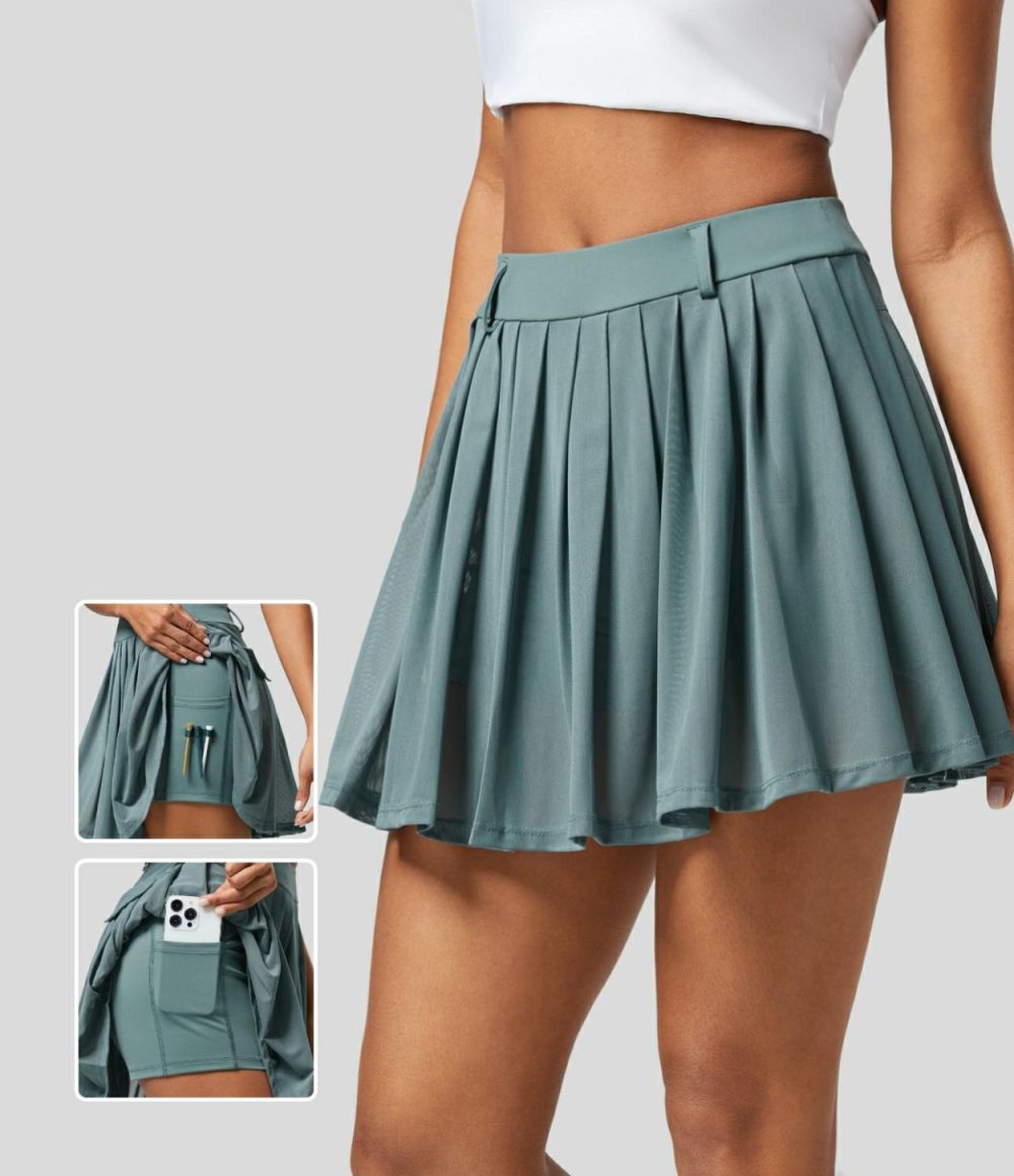 High Waisted 2-in-1 Side Pocket Pleated Contrast Mesh Mini Golf Skirt-Golf Tee Pocket  | Womens  Mini Skirts Clothing Mini Skirts