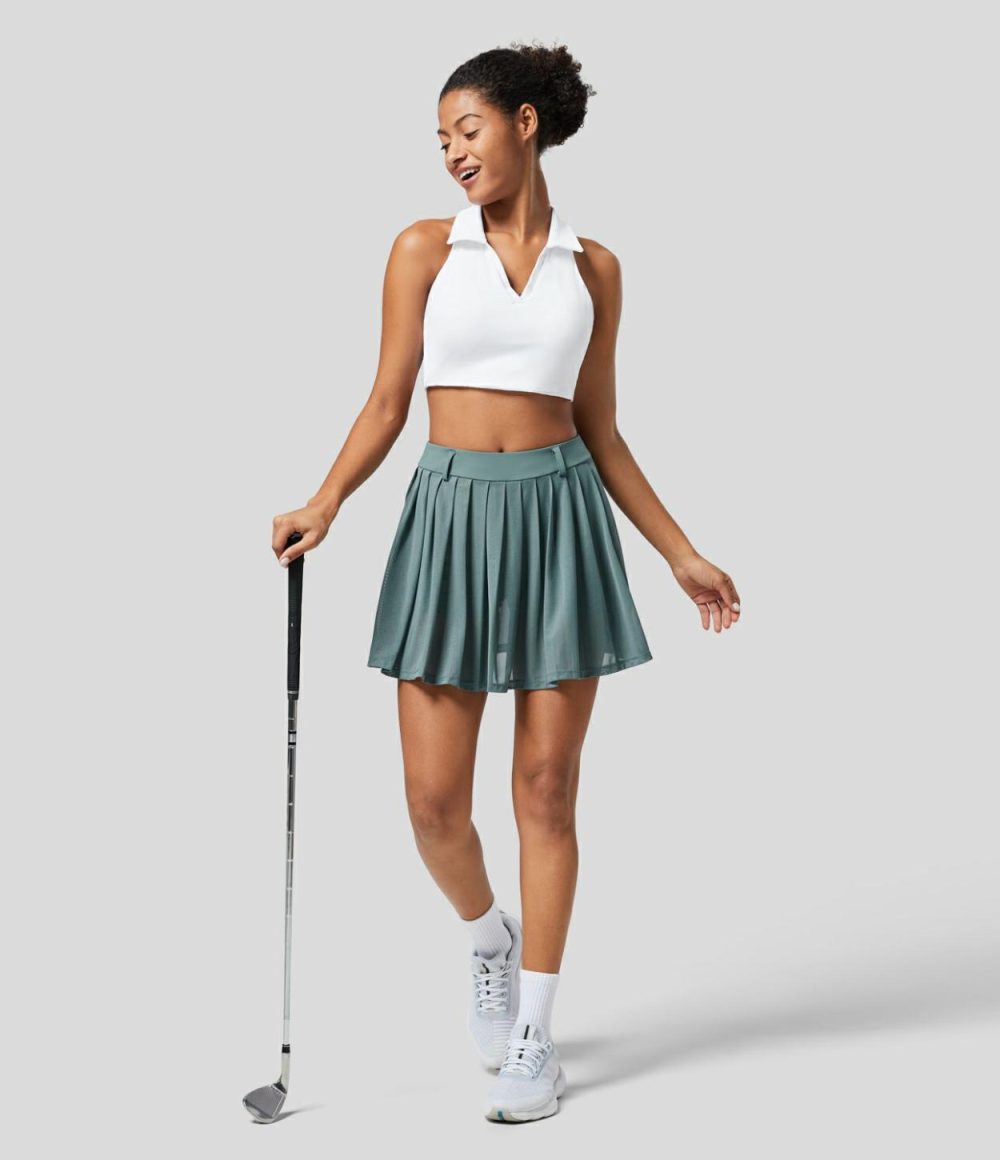 High Waisted 2-in-1 Side Pocket Pleated Contrast Mesh Mini Golf Skirt-Golf Tee Pocket  | Womens  Mini Skirts Clothing Mini Skirts