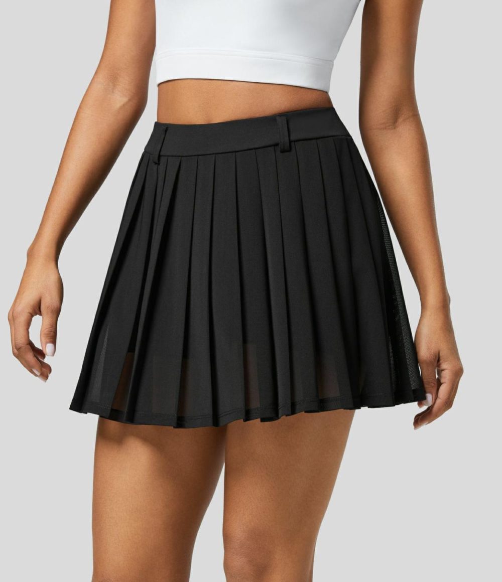 High Waisted 2-in-1 Side Pocket Pleated Contrast Mesh Mini Golf Skirt-Golf Tee Pocket  | Womens  Mini Skirts Clothing Mini Skirts