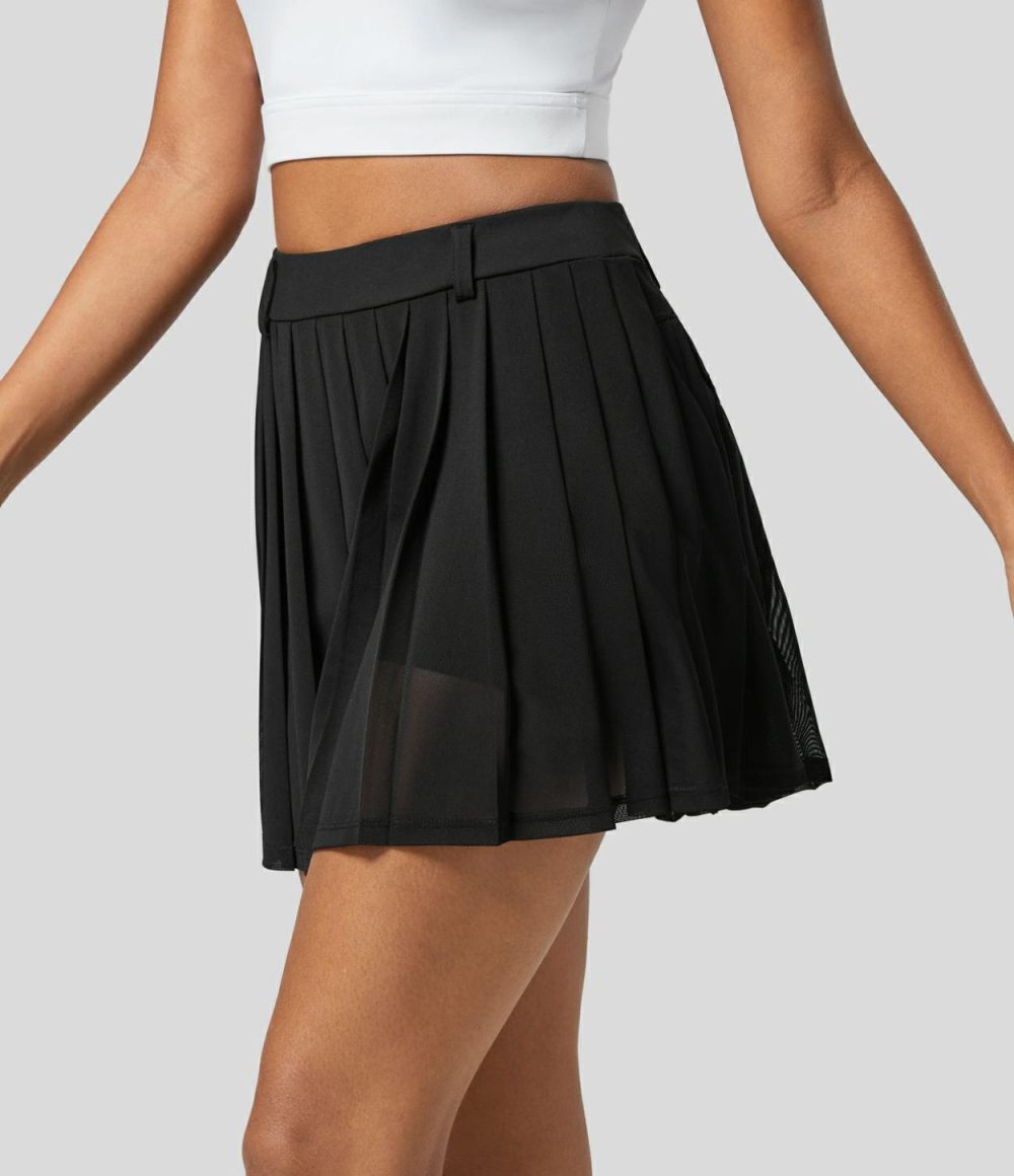 High Waisted 2-in-1 Side Pocket Pleated Contrast Mesh Mini Golf Skirt-Golf Tee Pocket  | Womens  Mini Skirts Clothing Mini Skirts