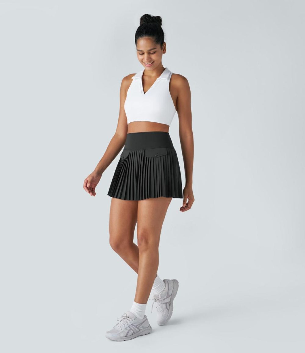 High Waisted 2-in-1 Side Pocket Pleated Mini Tennis Skirt  | Womens  Mini Skirts Clothing Black/White