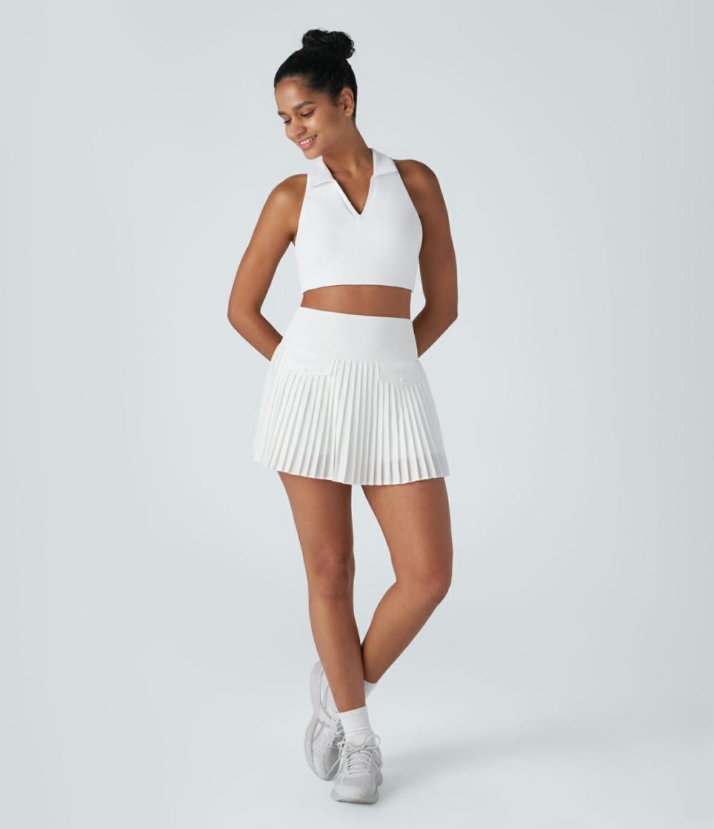 High Waisted 2-in-1 Side Pocket Pleated Mini Tennis Skirt  | Womens  Mini Skirts Clothing Black/White