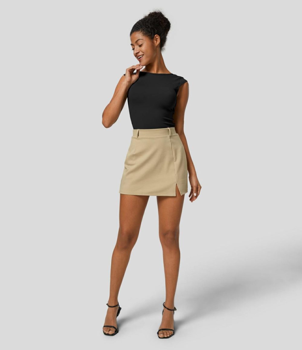 High Waisted 2-in-1 Split Mini Work Skirt  | Womens  Mini Skirts Clothing Mini Skirts