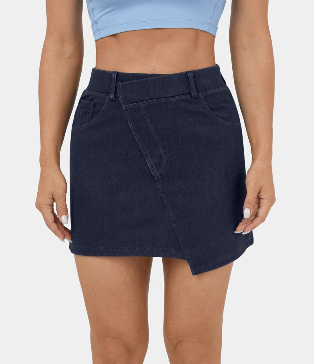 High Waisted A Line Stretchy Knit Denim Mini Casual Skirt  | Womens  Jeans Clothing Denim Shorts