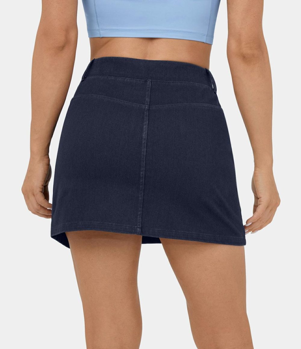 High Waisted A Line Stretchy Knit Denim Mini Casual Skirt  | Womens  Jeans Clothing Denim Shorts