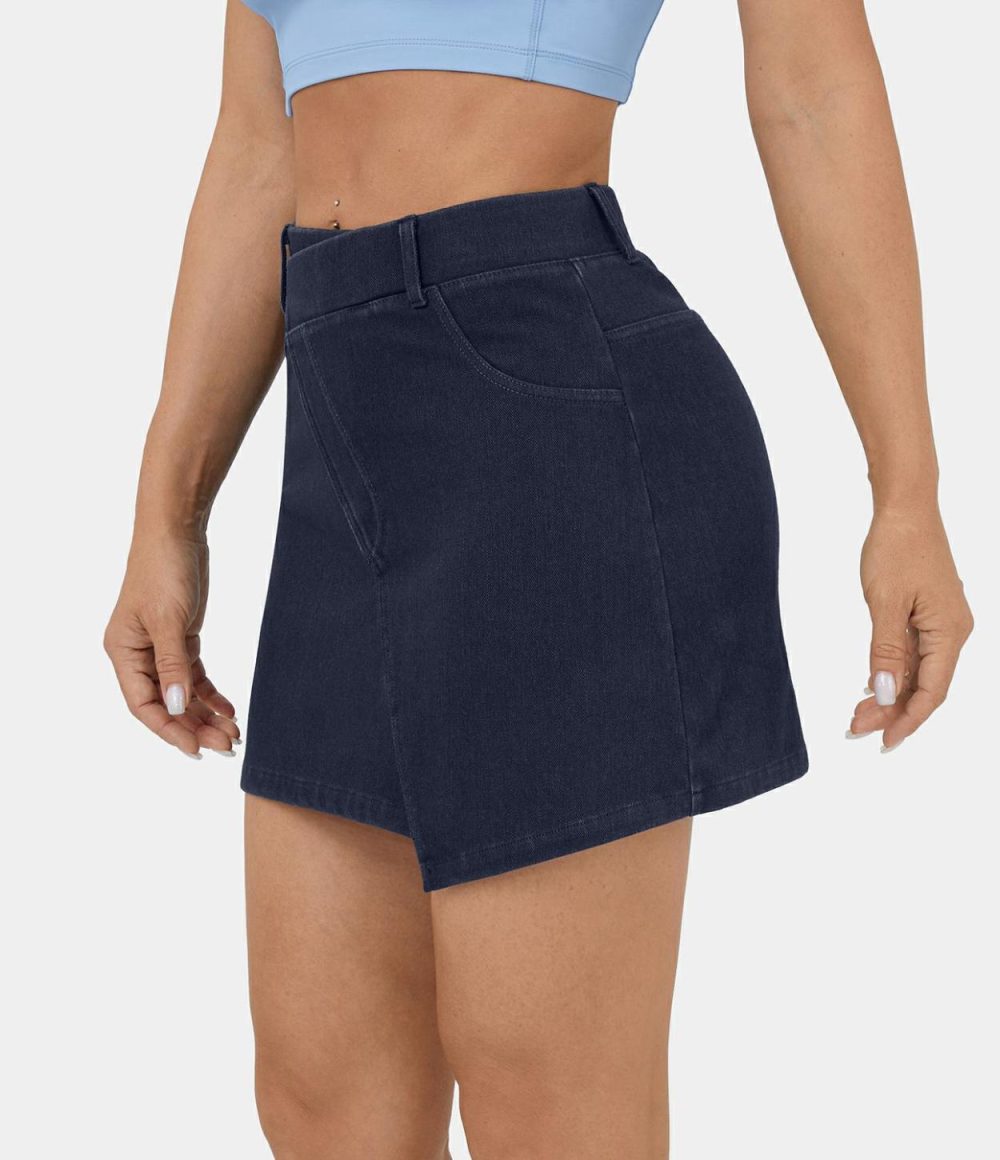 High Waisted A Line Stretchy Knit Denim Mini Casual Skirt  | Womens  Jeans Clothing Denim Shorts