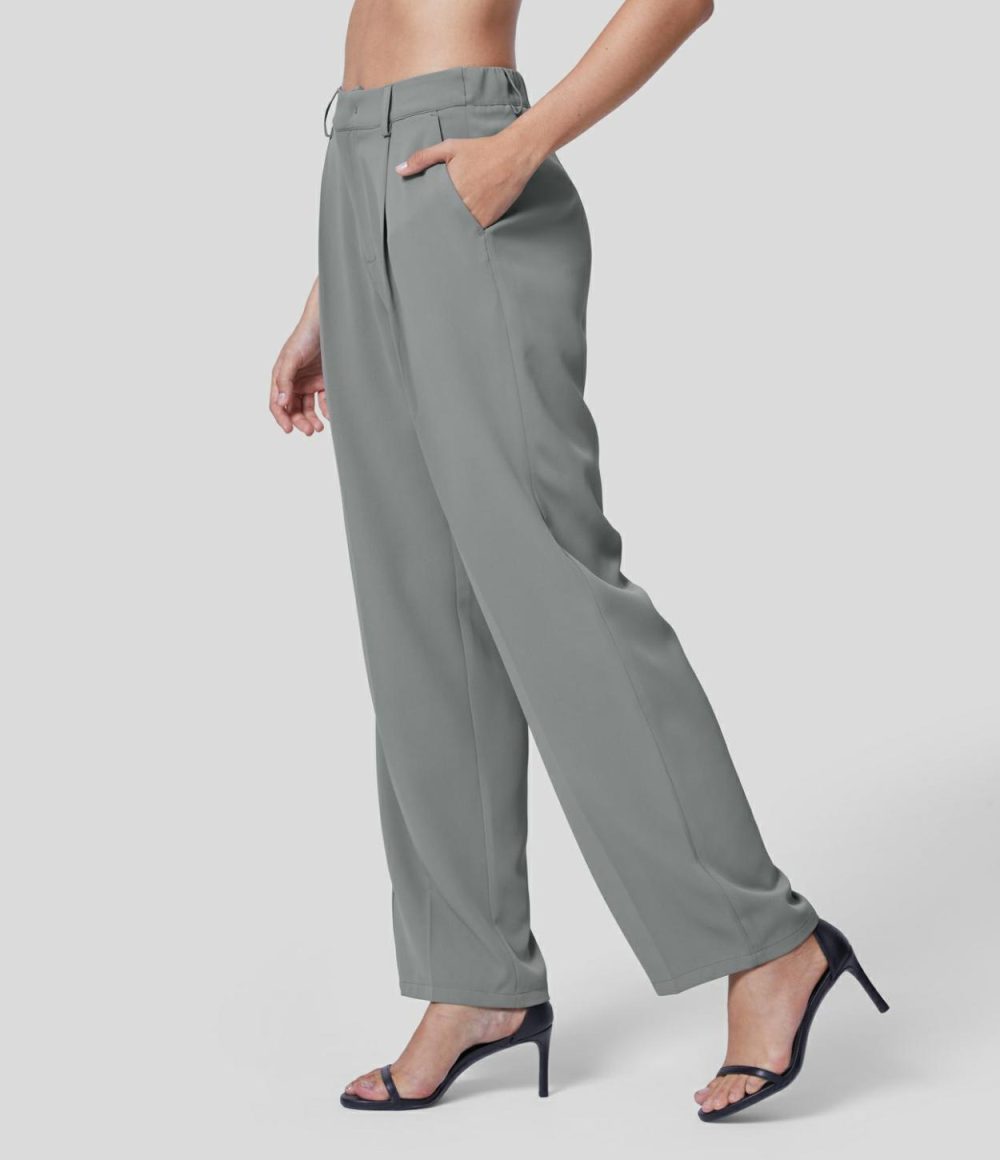 High Waisted Back Elastic Side Pocket Solid Straight Leg Work Suit Pants  | Womens  Active Work Pants Active Work Pants Active Work Pants