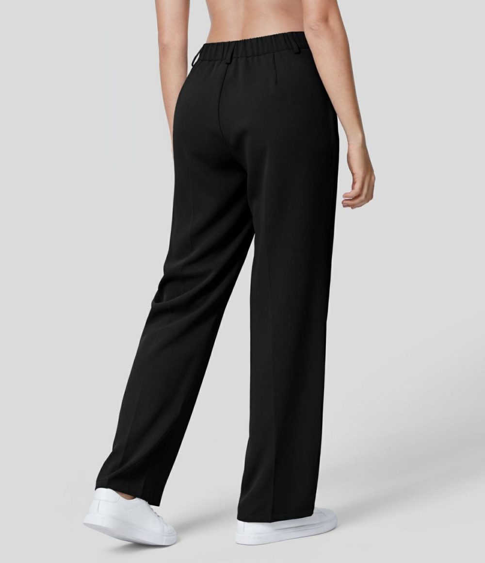 High Waisted Back Elastic Side Pocket Solid Straight Leg Work Suit Pants  | Womens  Active Work Pants Active Work Pants Active Work Pants