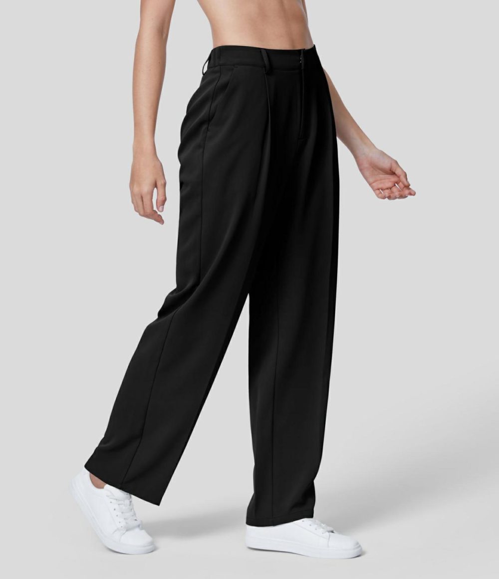 High Waisted Back Elastic Side Pocket Solid Straight Leg Work Suit Pants  | Womens  Active Work Pants Active Work Pants Active Work Pants