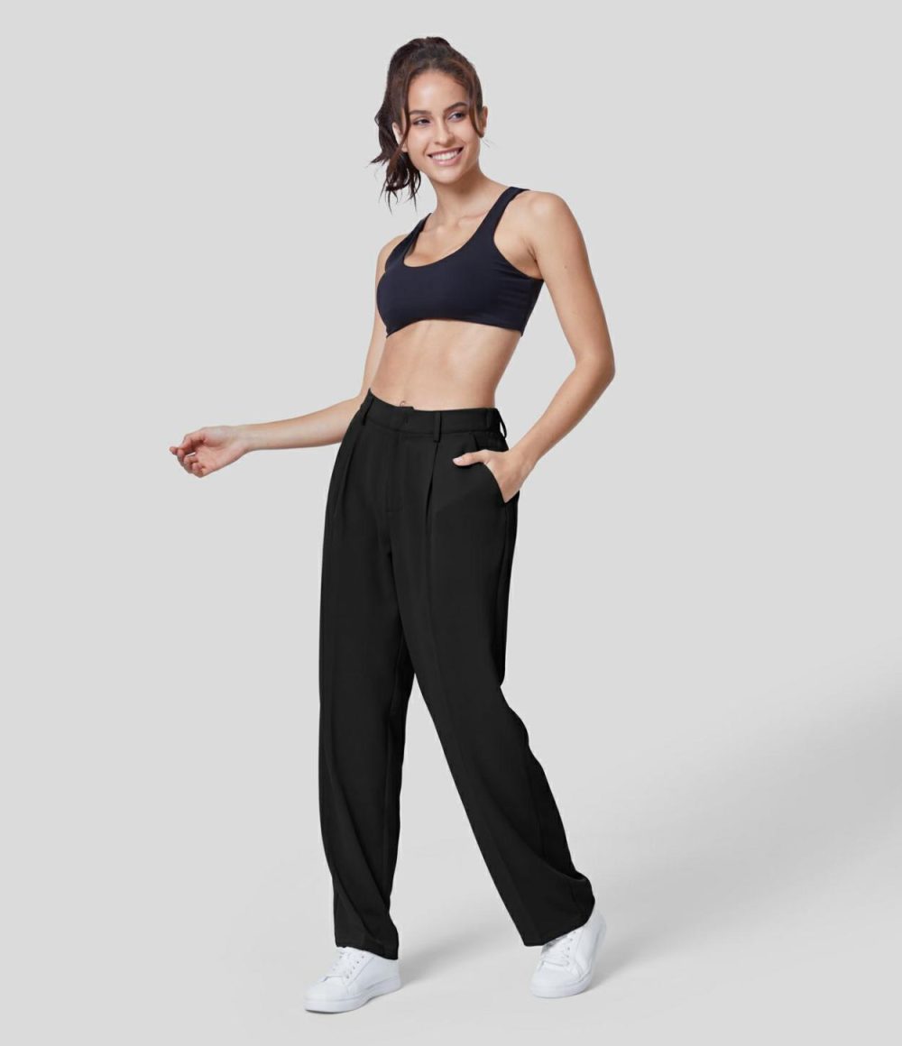 High Waisted Back Elastic Side Pocket Solid Straight Leg Work Suit Pants  | Womens  Active Work Pants Active Work Pants Active Work Pants