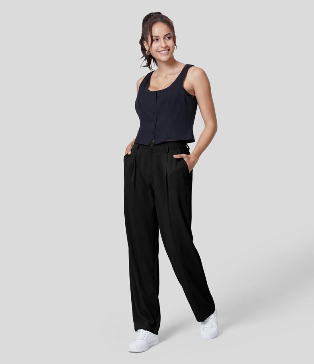 High Waisted Back Elastic Side Pocket Solid Straight Leg Work Suit Pants  | Womens  Active Work Pants Active Work Pants Active Work Pants