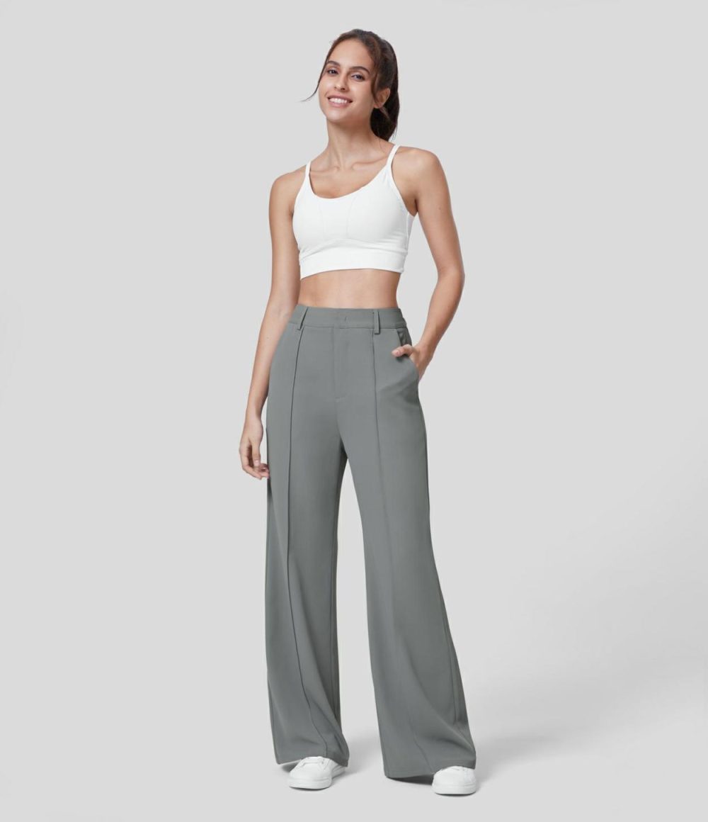 High Waisted Back Elastic Waistband Side Pocket Work Flare Suit Pants  | Womens  Active Work Pants Active Work Pants Active Work Pants