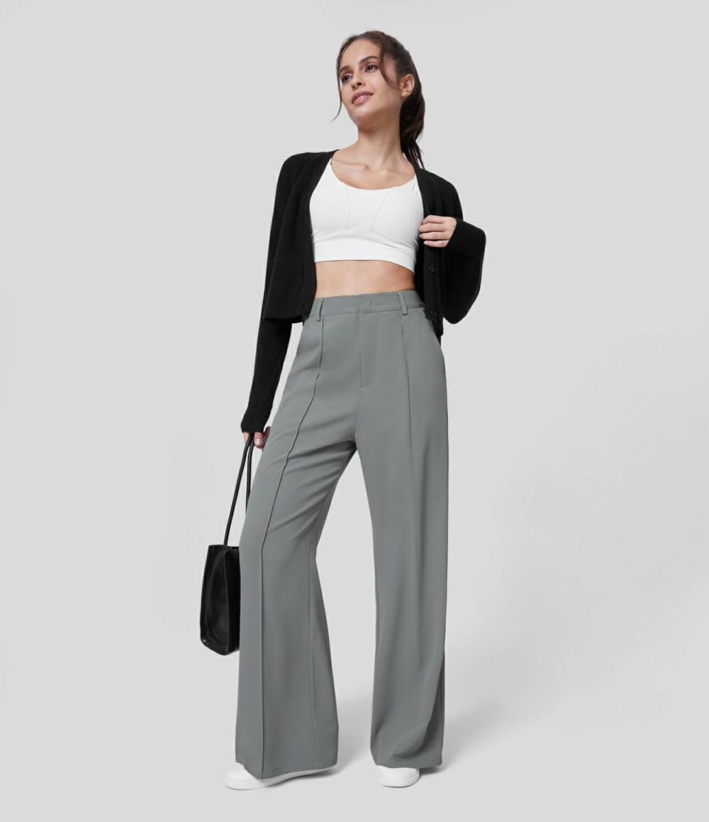 High Waisted Back Elastic Waistband Side Pocket Work Flare Suit Pants  | Womens  Active Work Pants Active Work Pants Active Work Pants