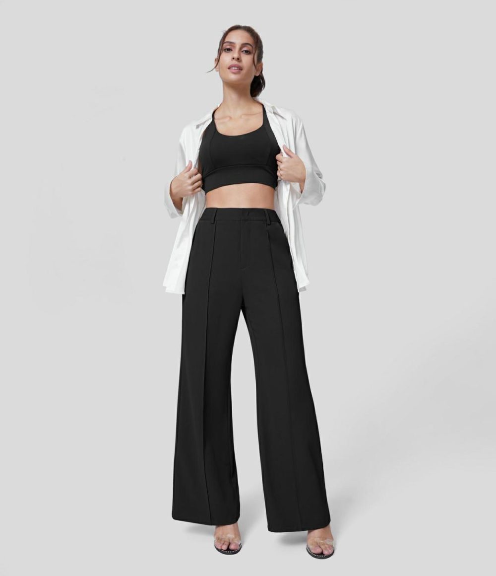 High Waisted Back Elastic Waistband Side Pocket Work Flare Suit Pants  | Womens  Active Work Pants Active Work Pants Active Work Pants