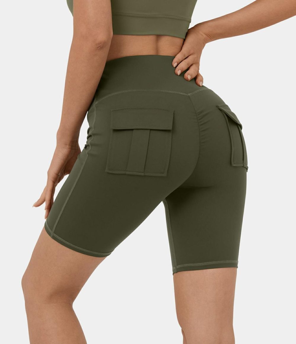 High Waisted Back Flap Pocket Yoga Cargo Biker Shorts 7”  | Womens  Cargo Pants Cargo Pants Cargo Pants