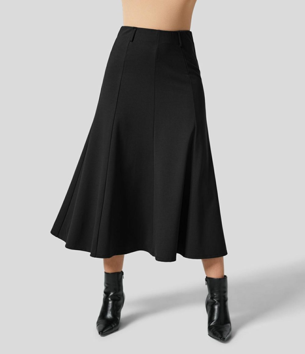 High Waisted Back Invisible Zipper Flare Midi Work Skirt  | Womens  Everyday Skirts Clothing Black/Sedona Sage