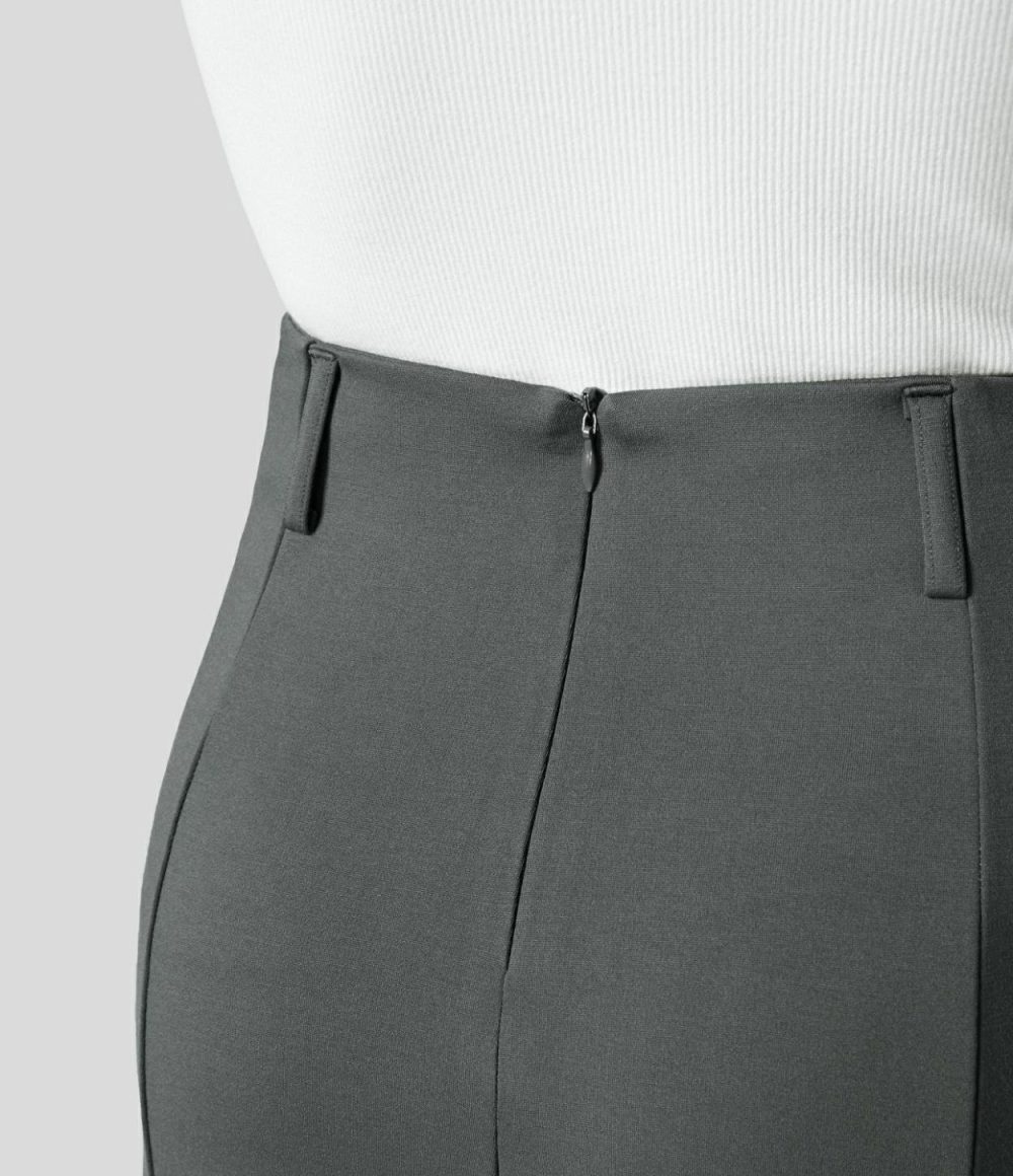 High Waisted Back Invisible Zipper Flare Midi Work Skirt  | Womens  Everyday Skirts Clothing Black/Sedona Sage