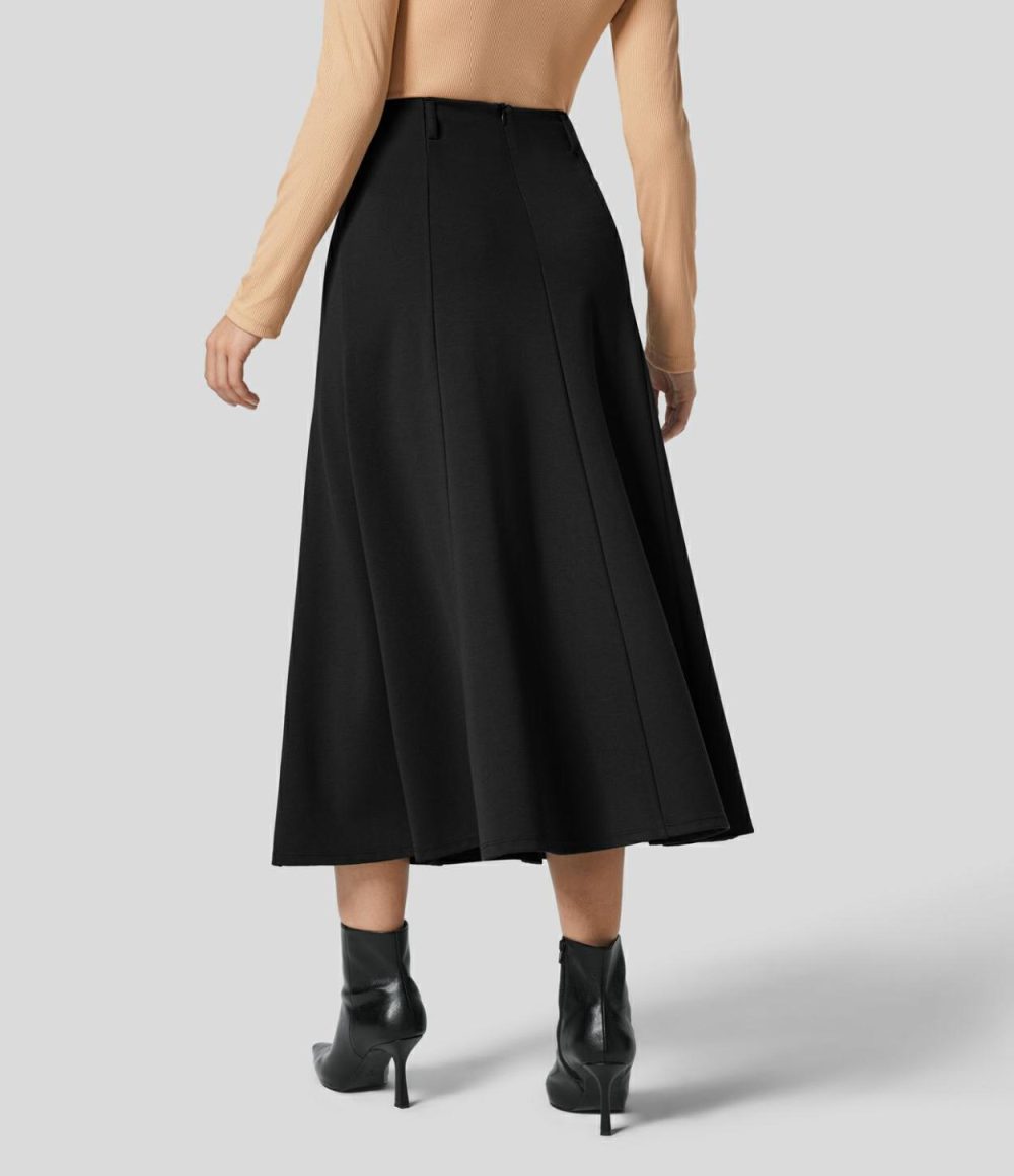 High Waisted Back Invisible Zipper Flare Midi Work Skirt  | Womens  Everyday Skirts Clothing Black/Sedona Sage