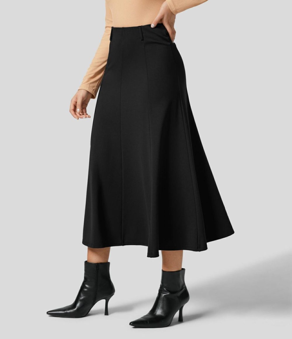 High Waisted Back Invisible Zipper Flare Midi Work Skirt  | Womens  Everyday Skirts Clothing Black/Sedona Sage