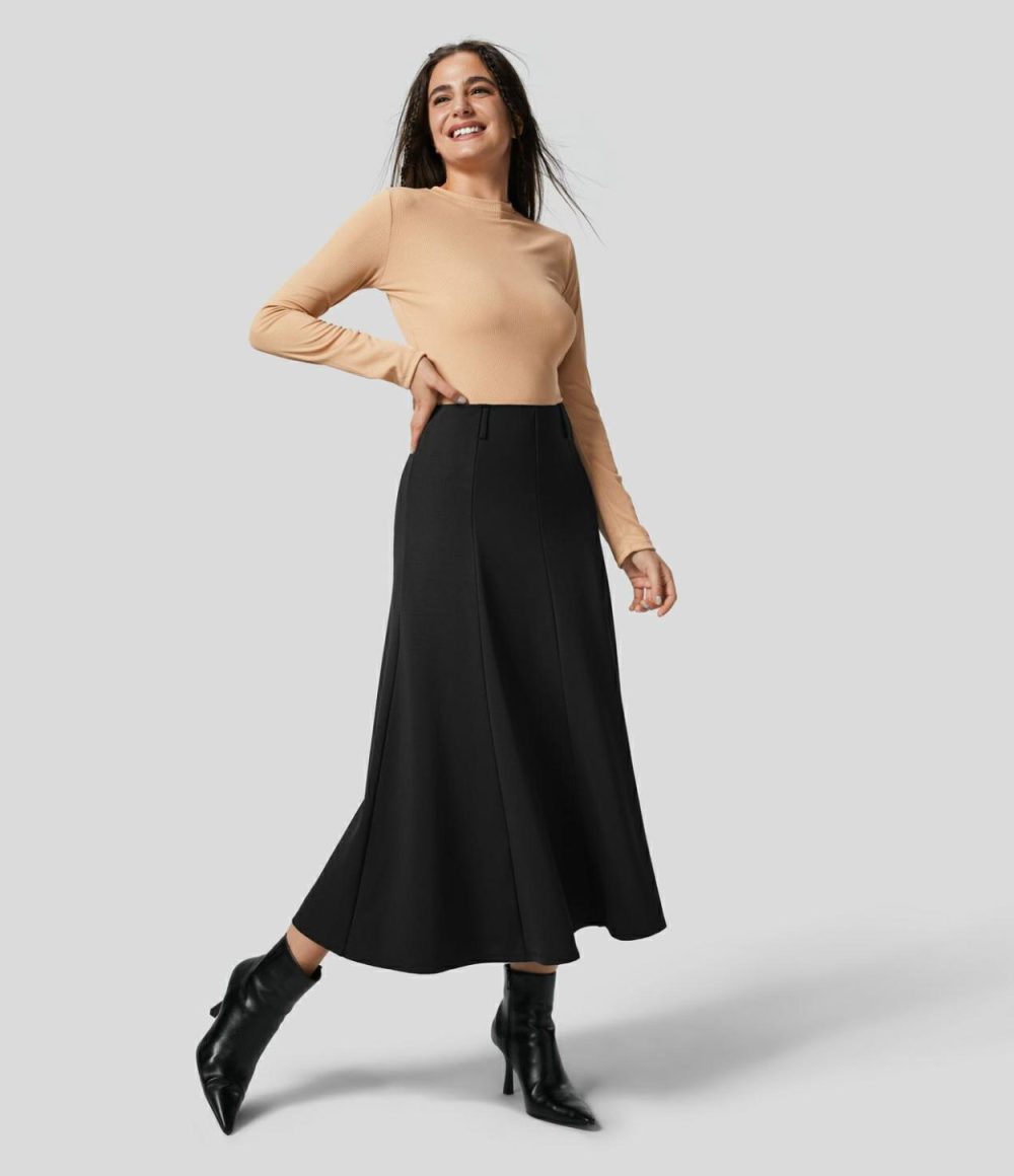 High Waisted Back Invisible Zipper Flare Midi Work Skirt  | Womens  Everyday Skirts Clothing Black/Sedona Sage