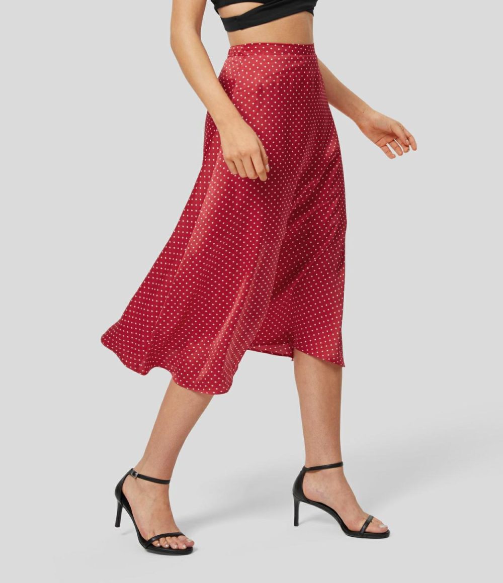 High Waisted Back Invisible Zipper Polka Dot Flowy Flare Casual Midi Skirt  | Womens  Everyday Skirts Clothing Everyday Skirts