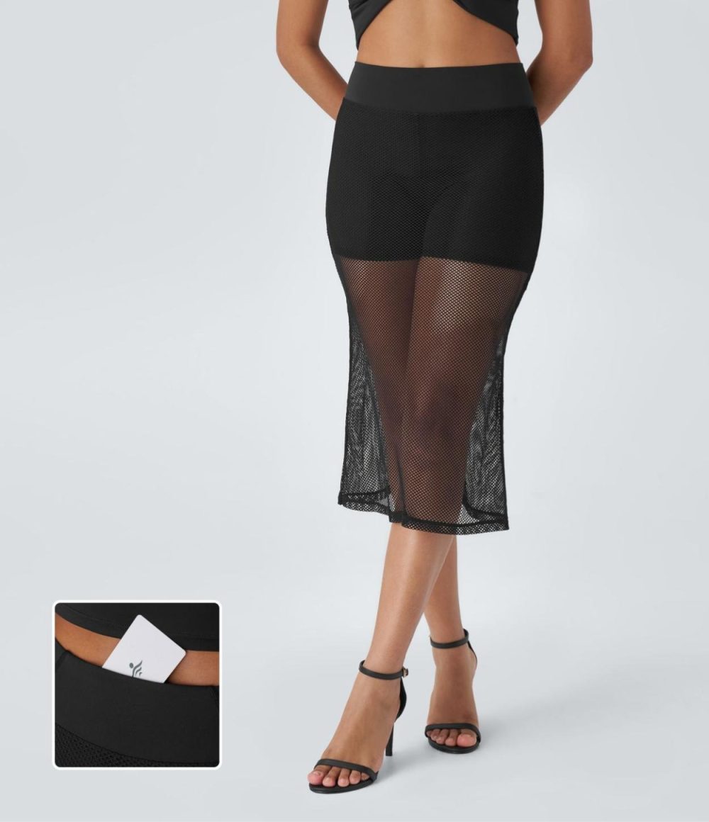 High Waisted Back Pocket 2-in-1 Midi Sheer Mesh Resort Skirt  | Womens  2-in-1 Skorts 2-in-1 Skorts 2-in-1 Skorts