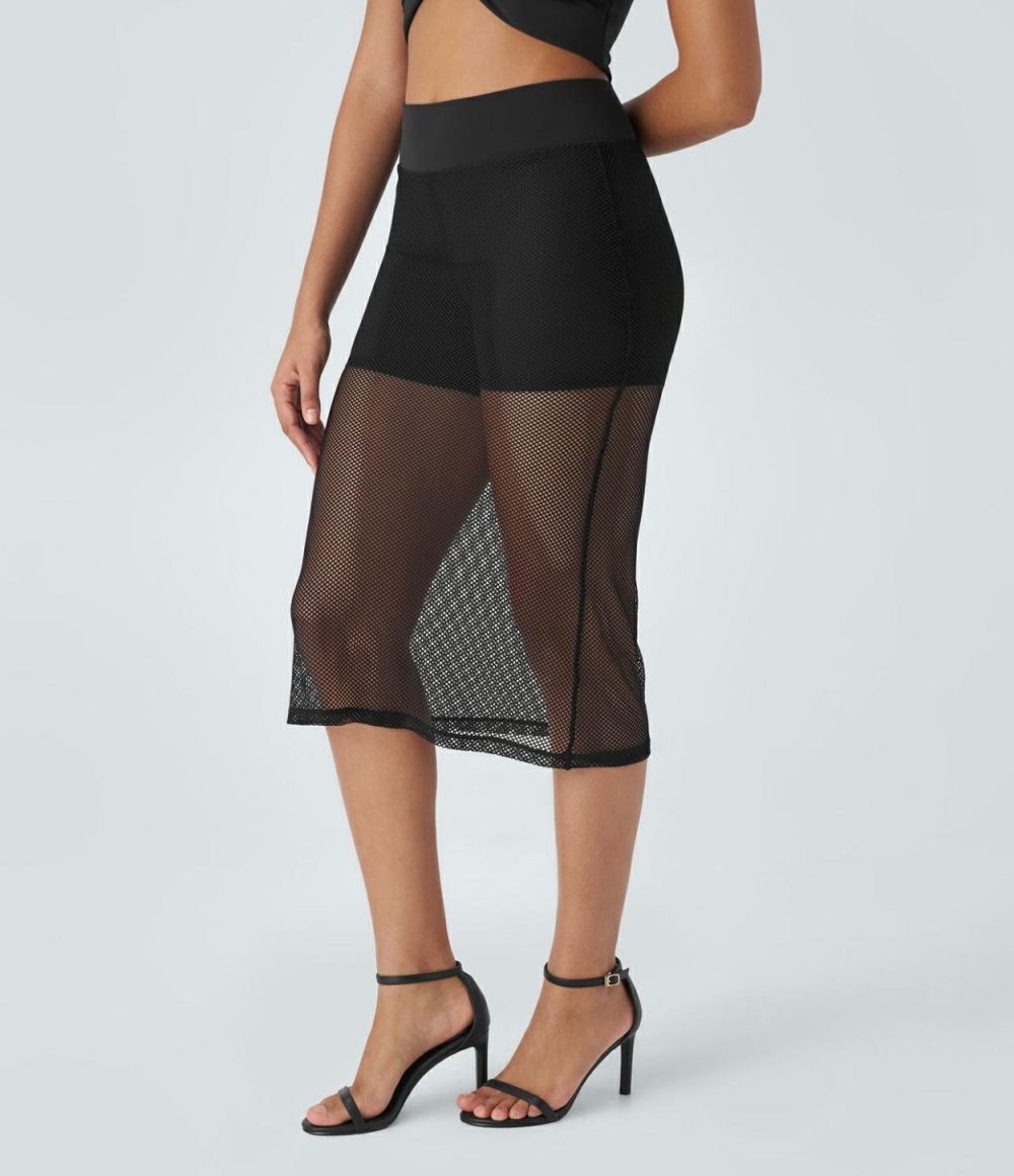 High Waisted Back Pocket 2-in-1 Midi Sheer Mesh Resort Skirt  | Womens  2-in-1 Skorts 2-in-1 Skorts 2-in-1 Skorts