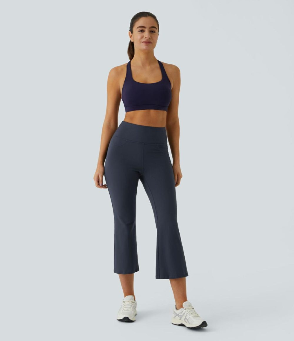 High Waisted Back Pocket Capri Flare Yoga Leggings  | Womens  Flare Leggings Clothing Flare Leggings