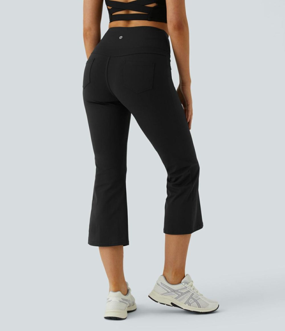 High Waisted Back Pocket Capri Flare Yoga Leggings  | Womens  Flare Leggings Clothing Flare Leggings