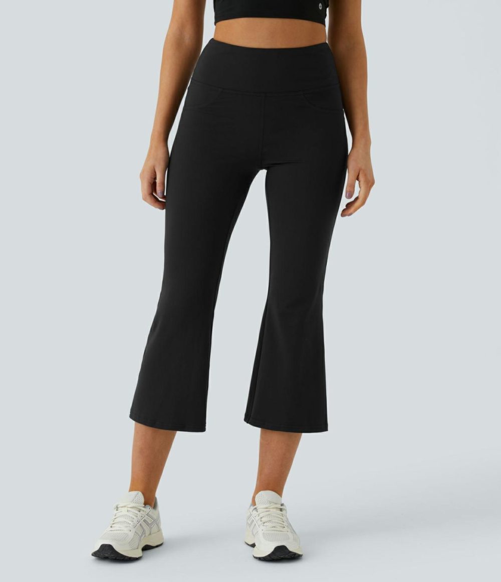 High Waisted Back Pocket Capri Flare Yoga Leggings  | Womens  Flare Leggings Clothing Flare Leggings