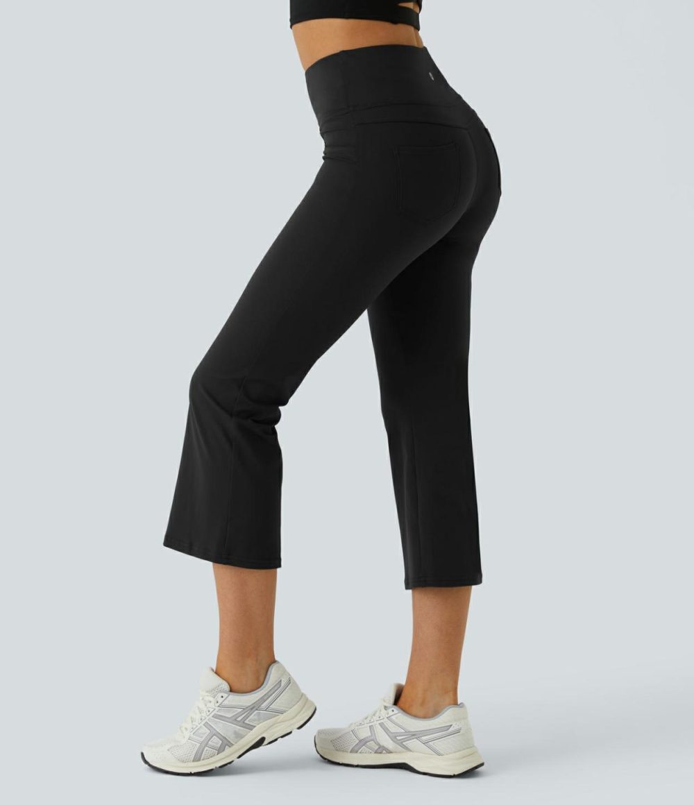 High Waisted Back Pocket Capri Flare Yoga Leggings  | Womens  Flare Leggings Clothing Flare Leggings