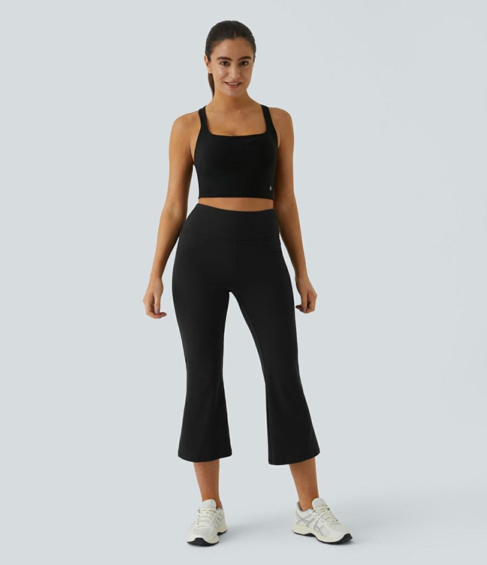 High Waisted Back Pocket Capri Flare Yoga Leggings  | Womens  Flare Leggings Clothing Flare Leggings