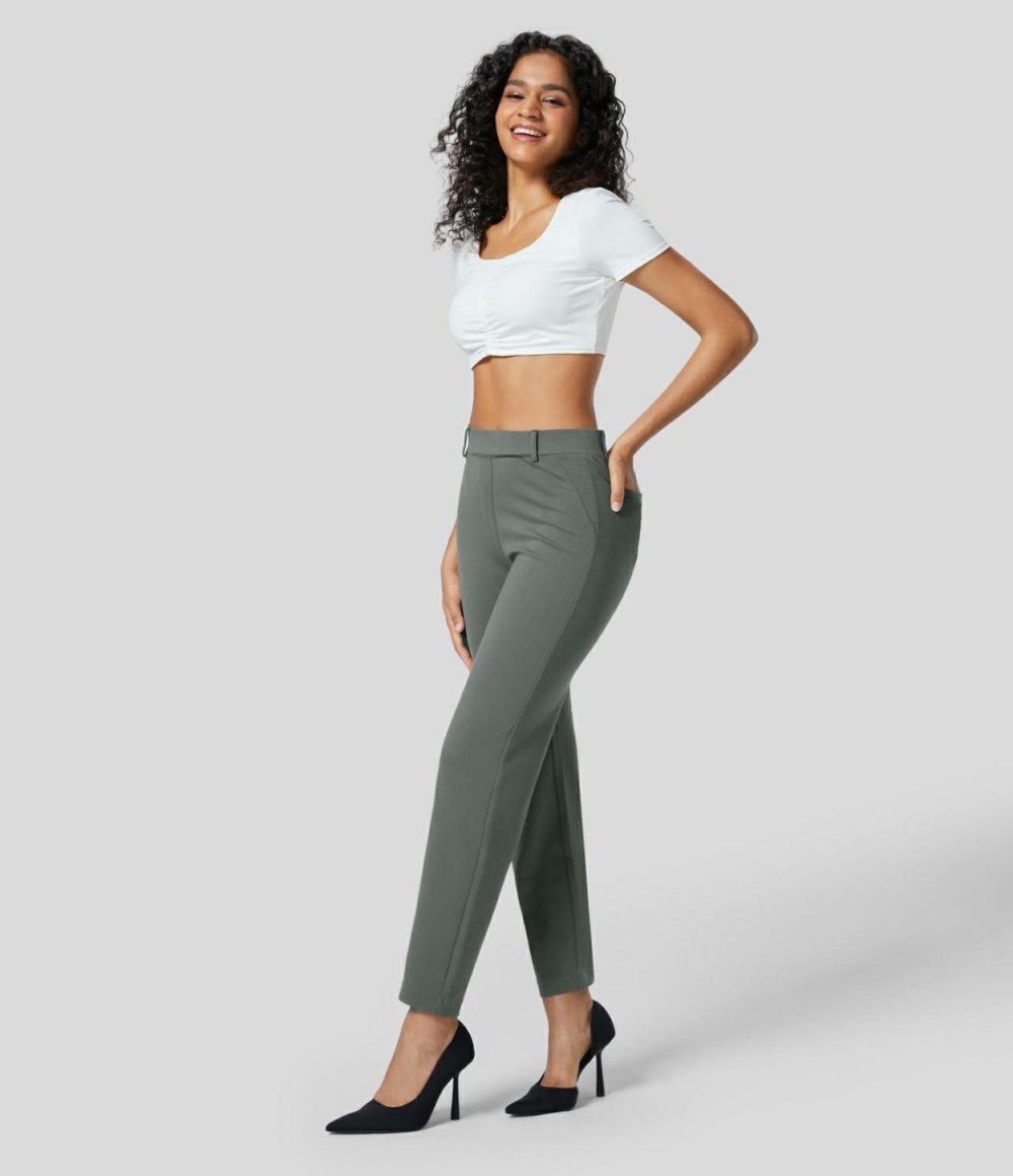 High Waisted Back Pocket Solid Work Tapered Pants  | Womens  Active Work Pants Active Work Pants Active Work Pants