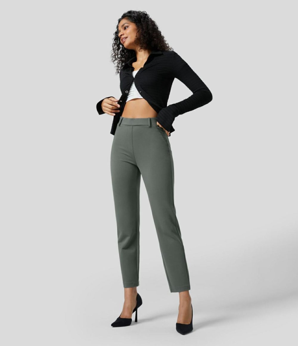 High Waisted Back Pocket Solid Work Tapered Pants  | Womens  Active Work Pants Active Work Pants Active Work Pants